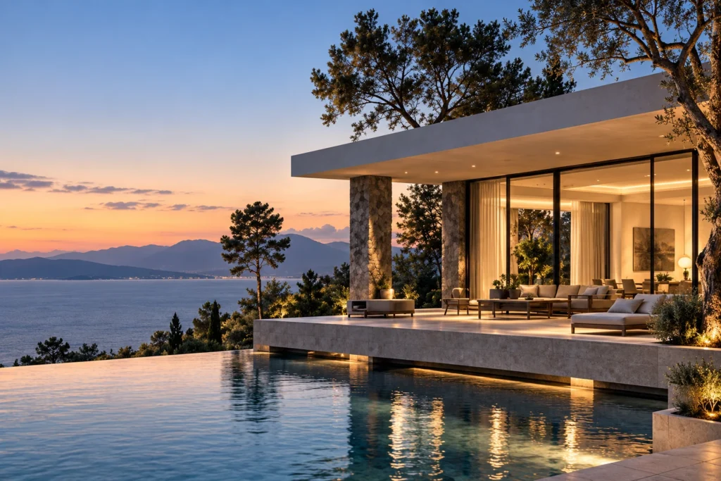 Waterfront villa at twilight